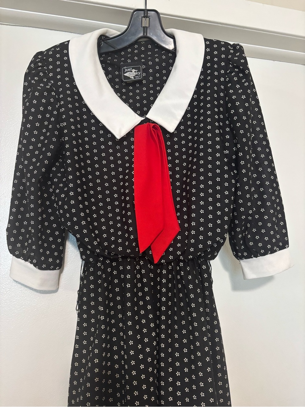 VintageBlack Dress with White Collar and Red Tie Accent